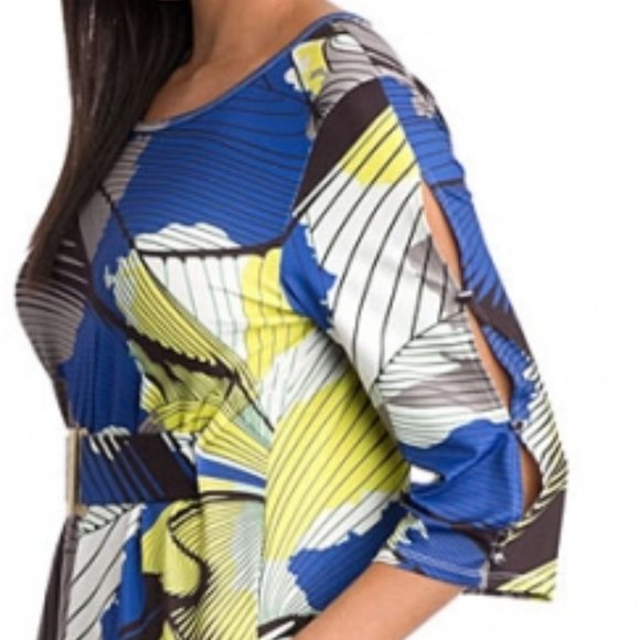 Marisa Kenson Geometric Cobal Lime White 3/4 Sleeves Mini Dress - size S NWT - Picture 6 of 6